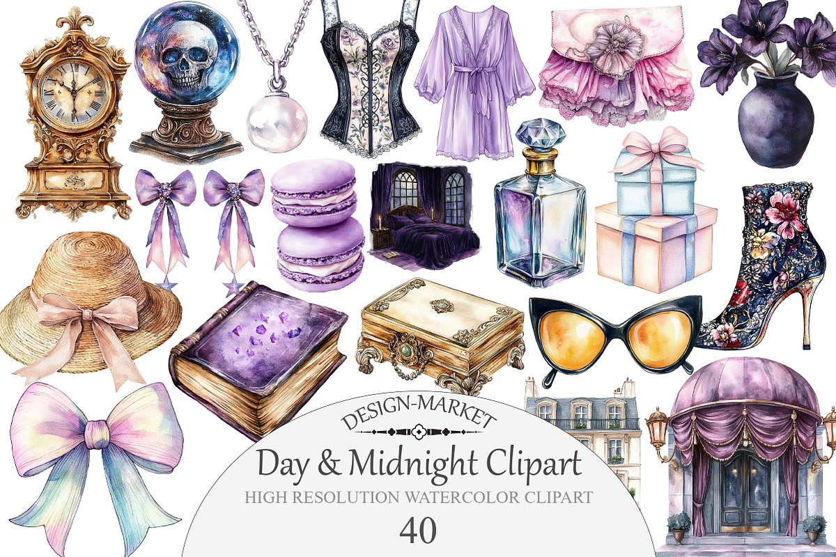 Watercolor Day & Midnight Clipart, an Illustration by Design Market (Photo 1 of 5)