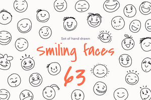 Set of hand 63 drawn smiling faces