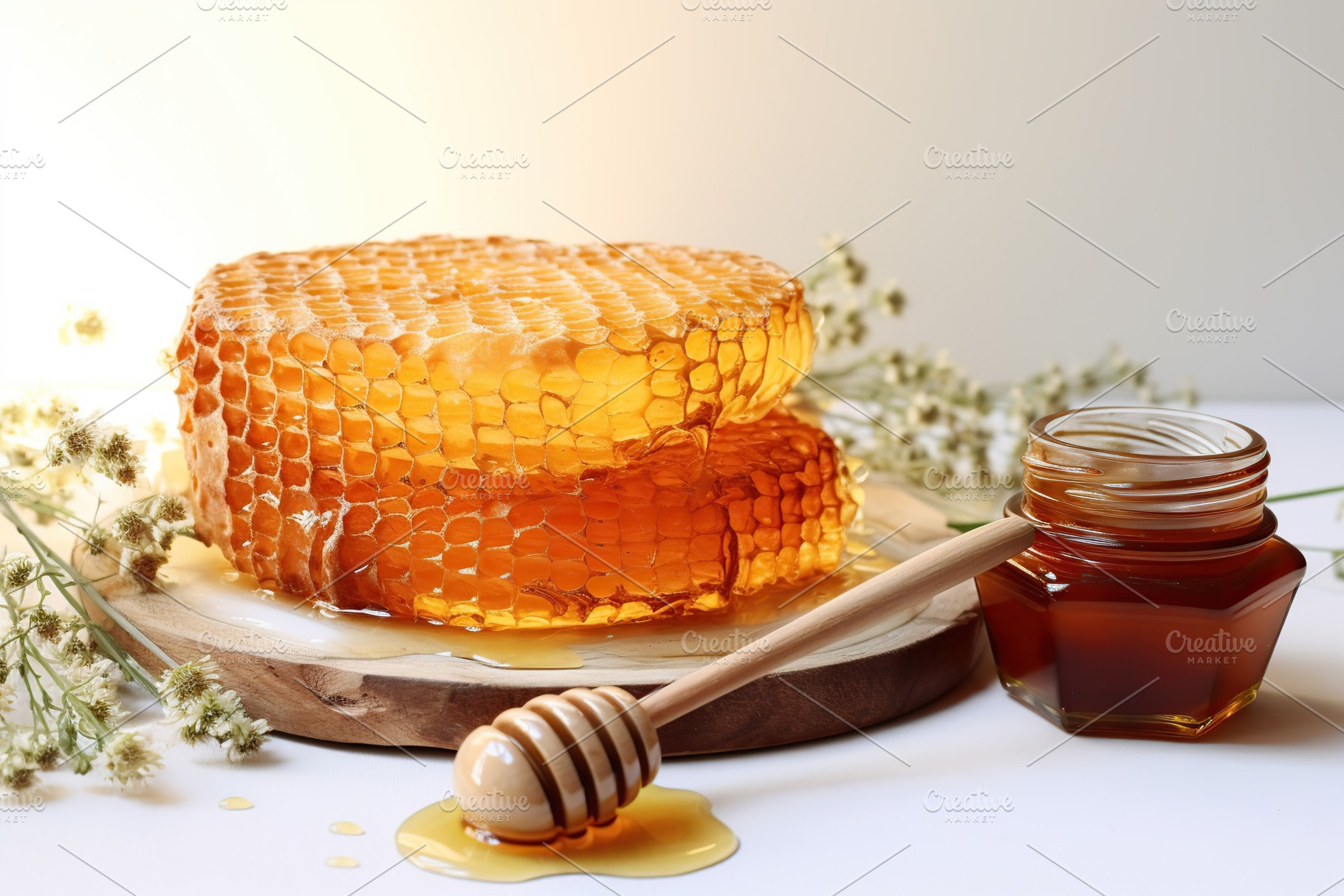 Honeycomb with honey and honey dipper on white background, a Food & Drink Photo by AlyaAnd