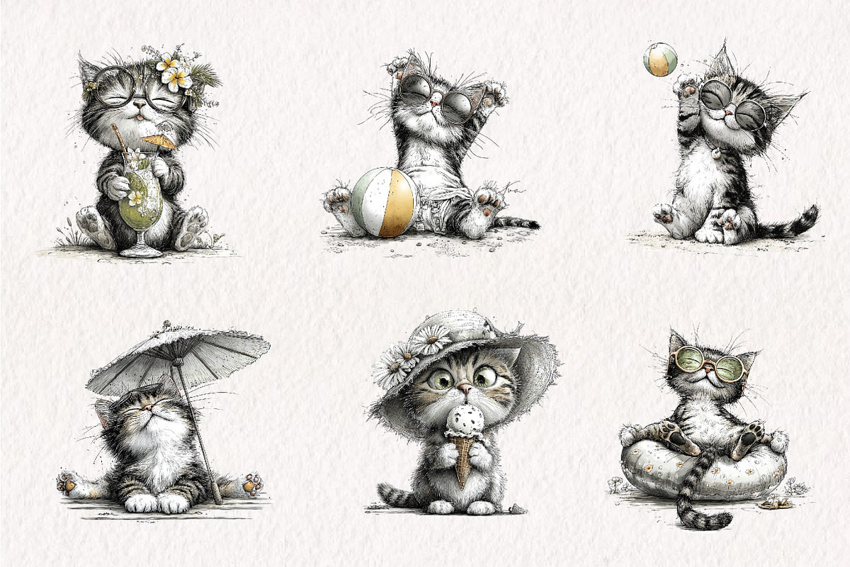 Whimsical Summer Cats Clipart, an Illustration by CreationArt (Photo 3 of 7)