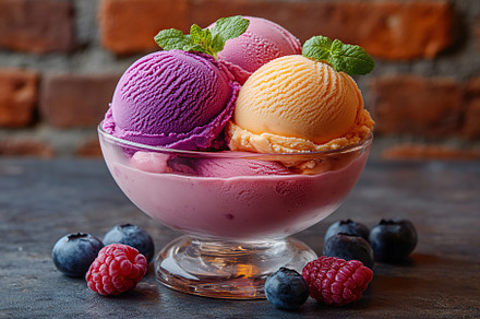 Vibrant scoops of colorful ice cream are served in a bowl, garnished with berri, a Food & Drink Photo by AlyaAnd