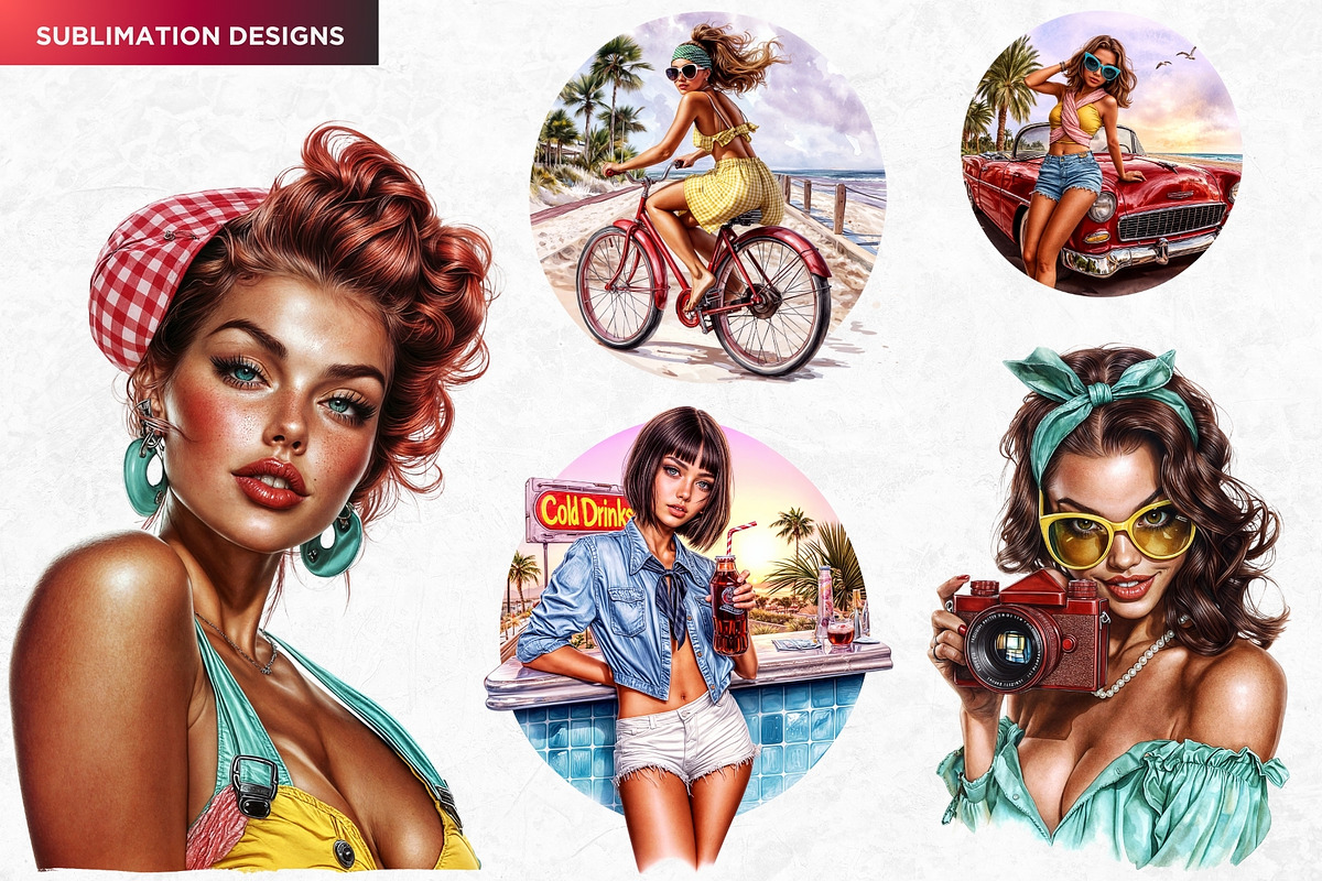 Rockabilly Summer Girls Clipart Set, a Person Illustration by ThatsDesignArt (Photo 5 of 10)