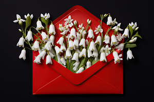 Blooming snowdrop flowers in letter envelope on black background, a Nature Photo by AlyaAnd
