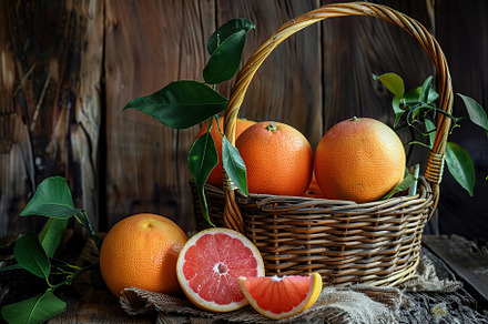 Fresh grapefruits in basket on wooden table, a Food & Drink Photo by AlyaAnd
