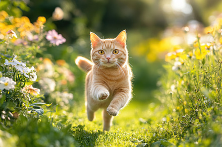 Cute ginger cat running between the flower rows in the park, an Animal Photo by AlyaAnd
