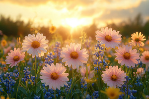 Field with different spring flowers and sunlights, a Nature Photo by AlyaAnd