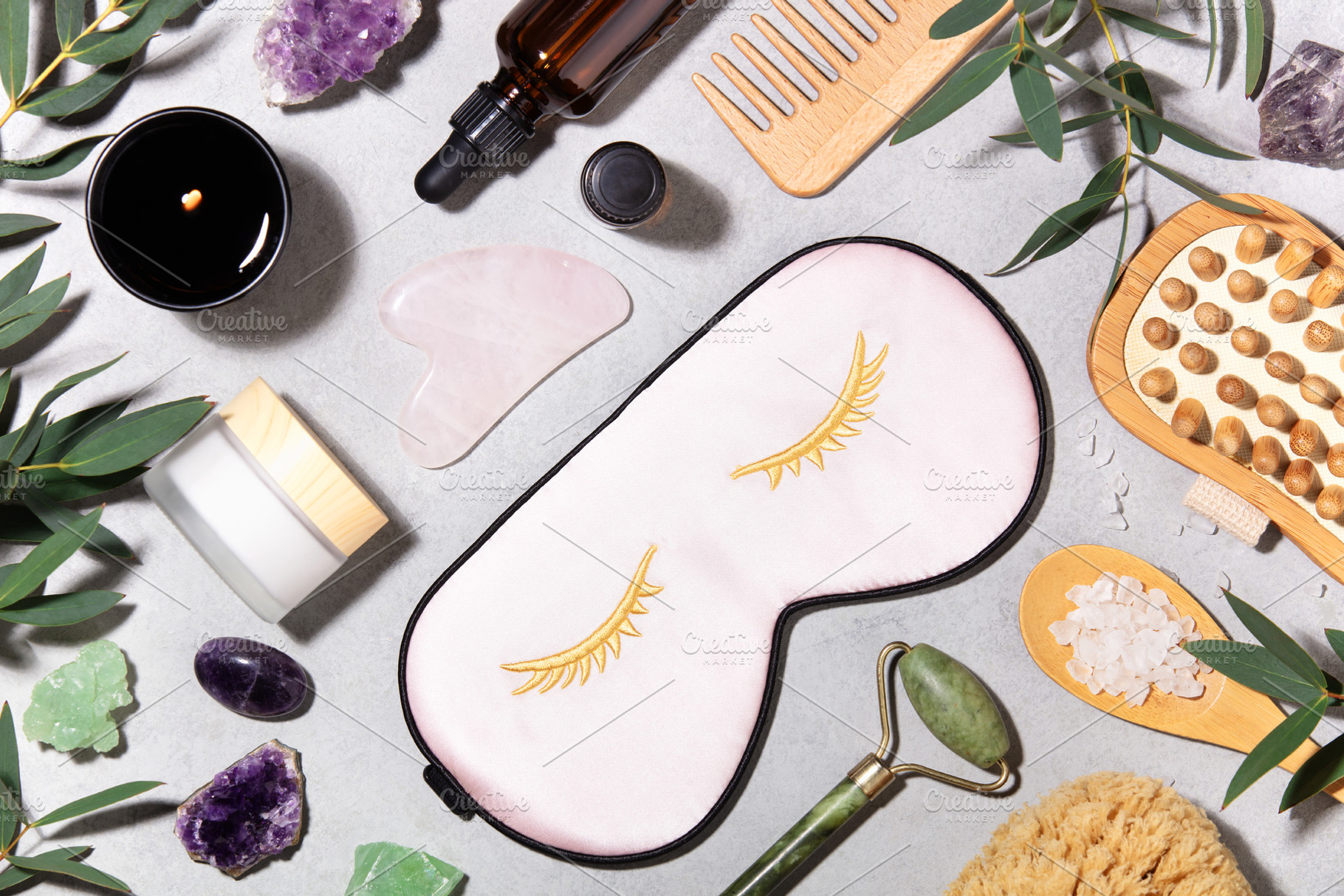 Self Care Spa Flat Lay with Sleep Mask, Jade Roller and Natural, a Beauty & Fashion Photo by Natalia Klenova's Shop