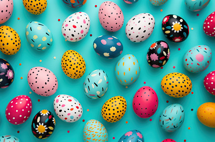 Colorful easter eggs on blue background, a Holiday Photo by AlyaAnd