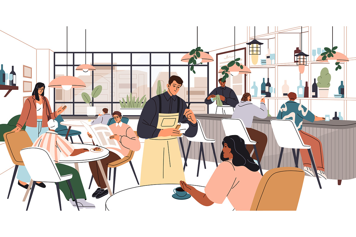 People at tables, cafe interior, a Food Illustration by PaperTrident