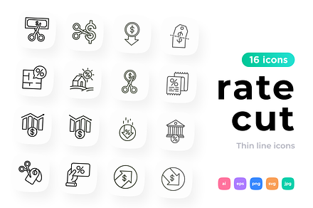 Rate Cut 16 Thin Line Icons Set