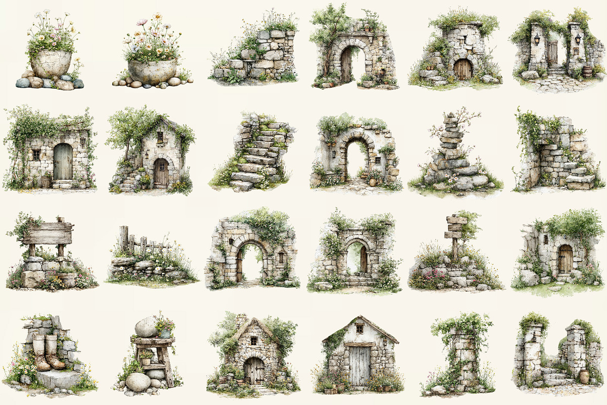 Stone wall wildflower clipart, an Illustration by DreamCafeArt (Photo 2 of 6)