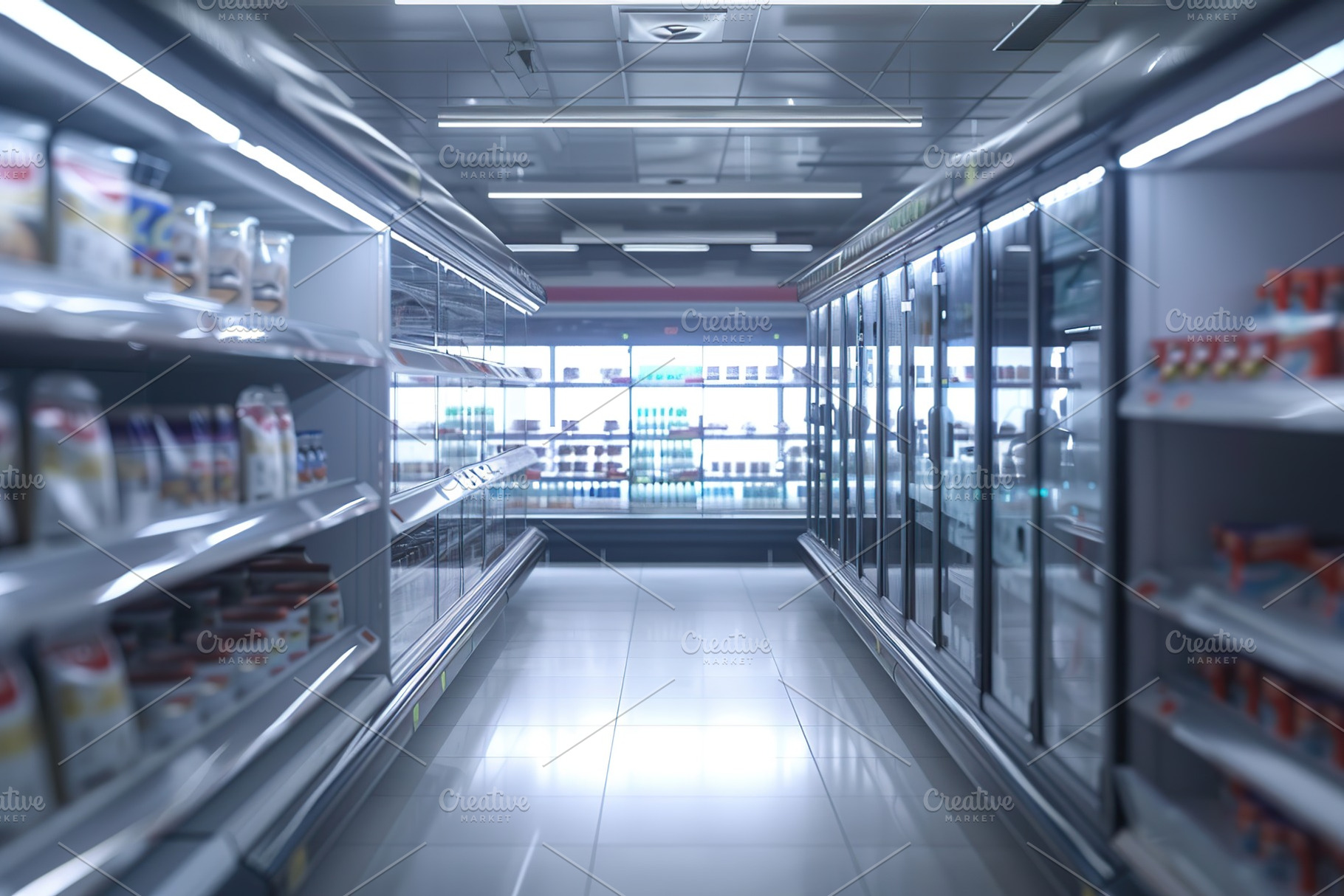Supermarket aisle with shelves full of products, a Photo by AlyaAnd