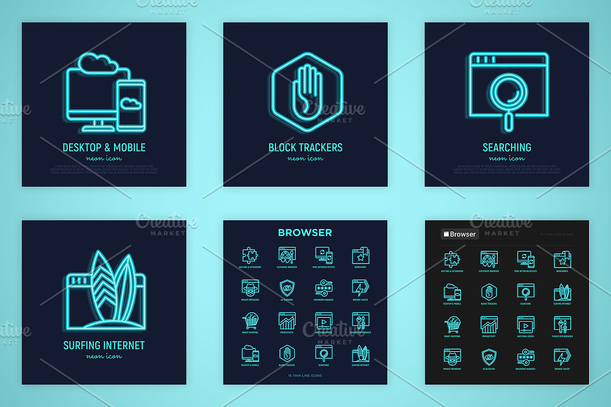 Browser Neon | 16 Thin Line Icons, an Outline Icon by Alex Blogoodf (Photo 7 of 11)