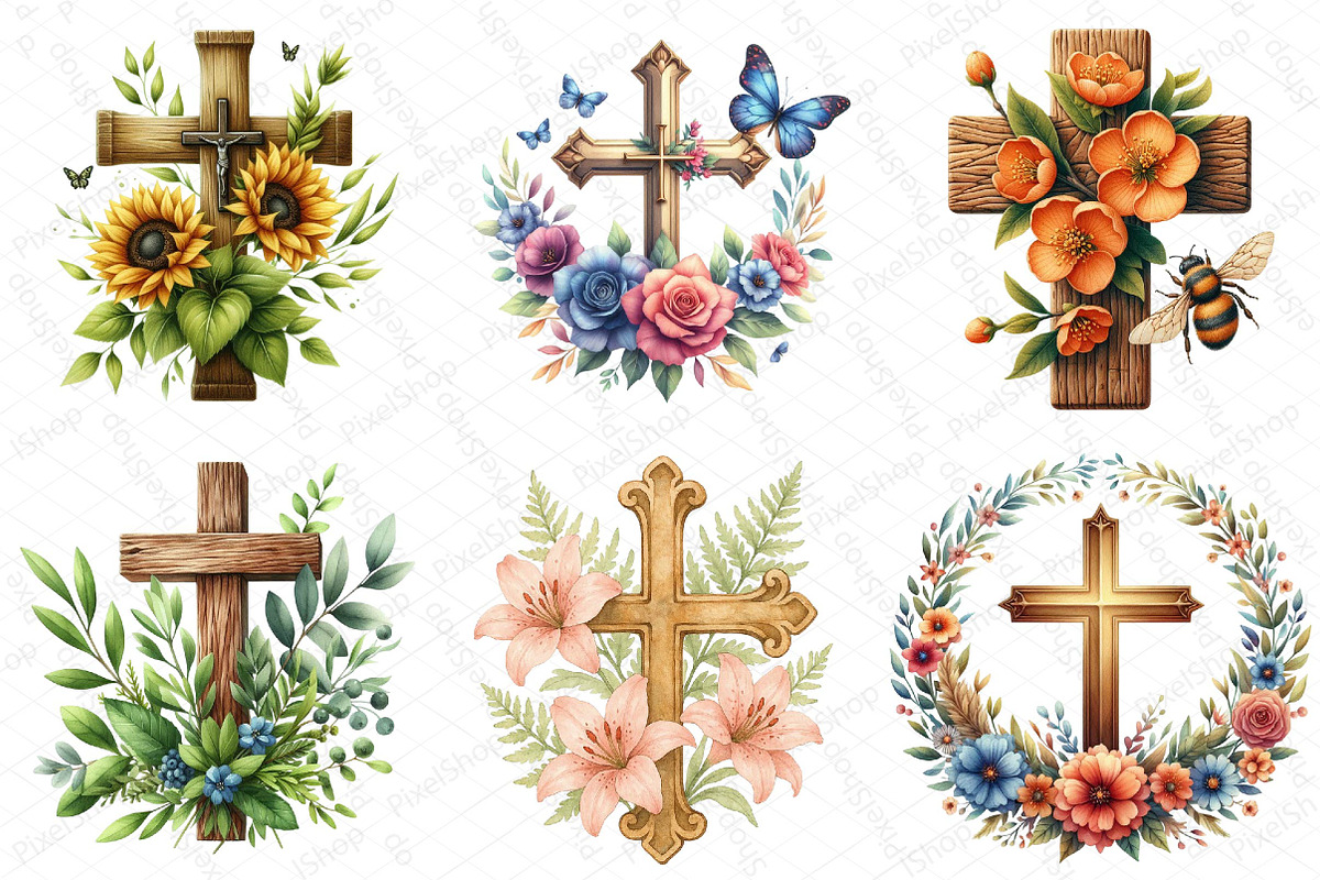 Watercolor Summer Floral Cross Clipa, an Illustration by DreamPrint404 (Photo 4 of 6)