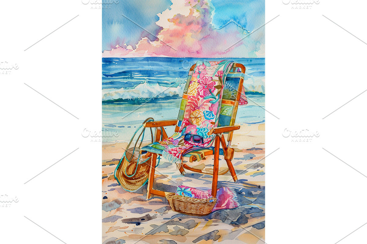 Beach Chair and Bags Watercolor Art, a Decorative Illustration by Art Paradise Studios