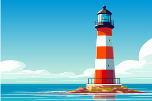 Cartoon lighthouse on a rock in the, an Illustration by LadadikArt