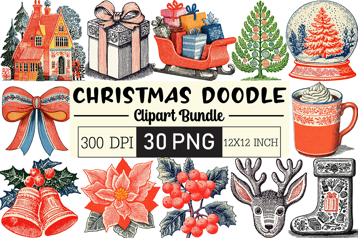 Christmas Doodle Sublimation Clipart, an Illustration by Black Bird Studio (Photo 1 of 6)