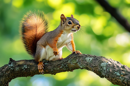 Cute squirrel sitting on tree branch in the forest, an Animal Photo by AlyaAnd