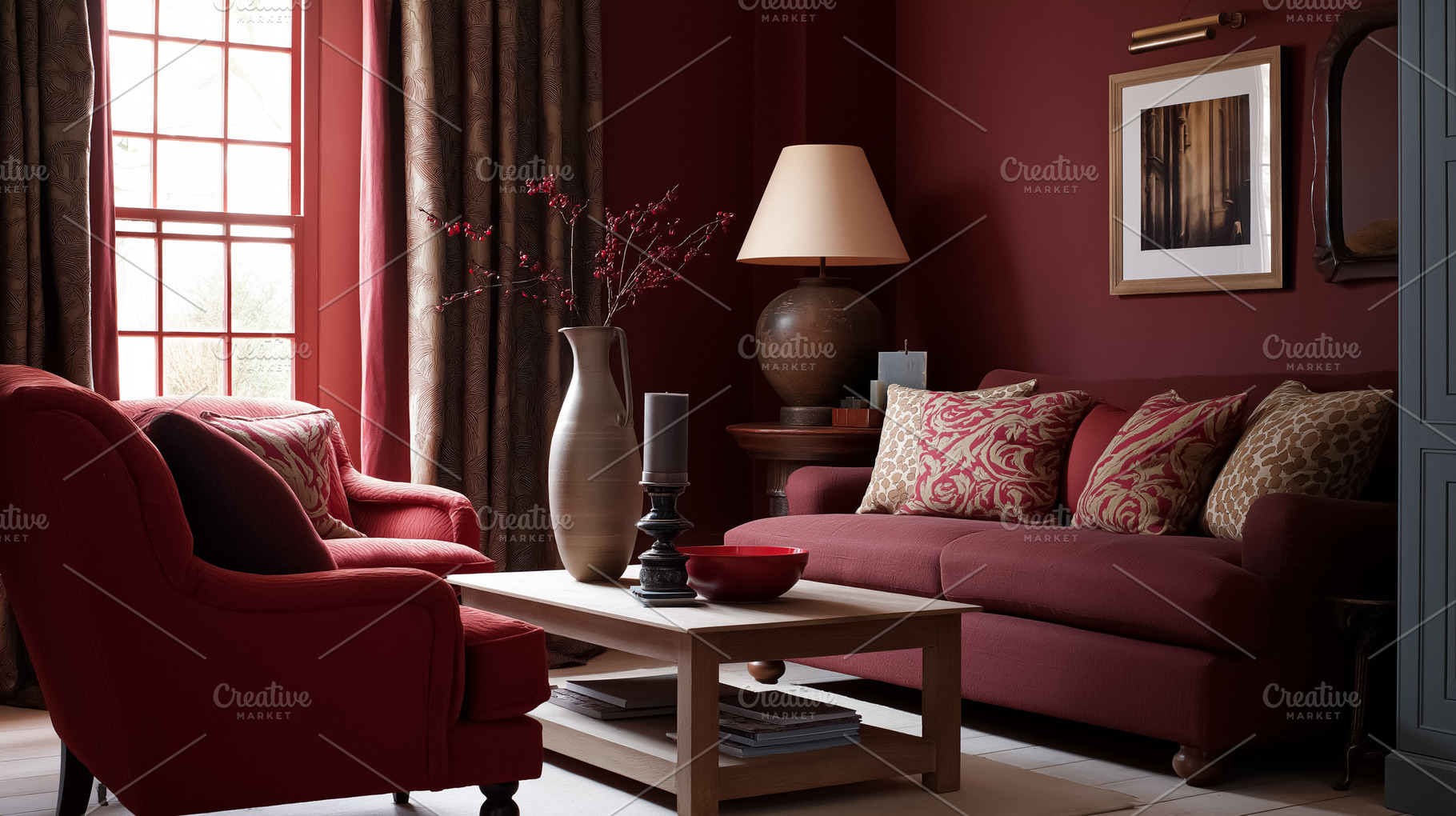 Living room interior with red walls and coordinating furniture, creating a comf, an Architecture Photo by Studio ANNA