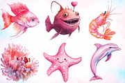 Watercolor Pink Ocean Animals Clipar, an Illustration by Canvas Craft (Thumbnail 3 of 3)