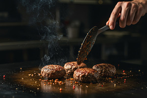 Juicy beef patties sizzling, a Food & Drink Photo by professorinc
