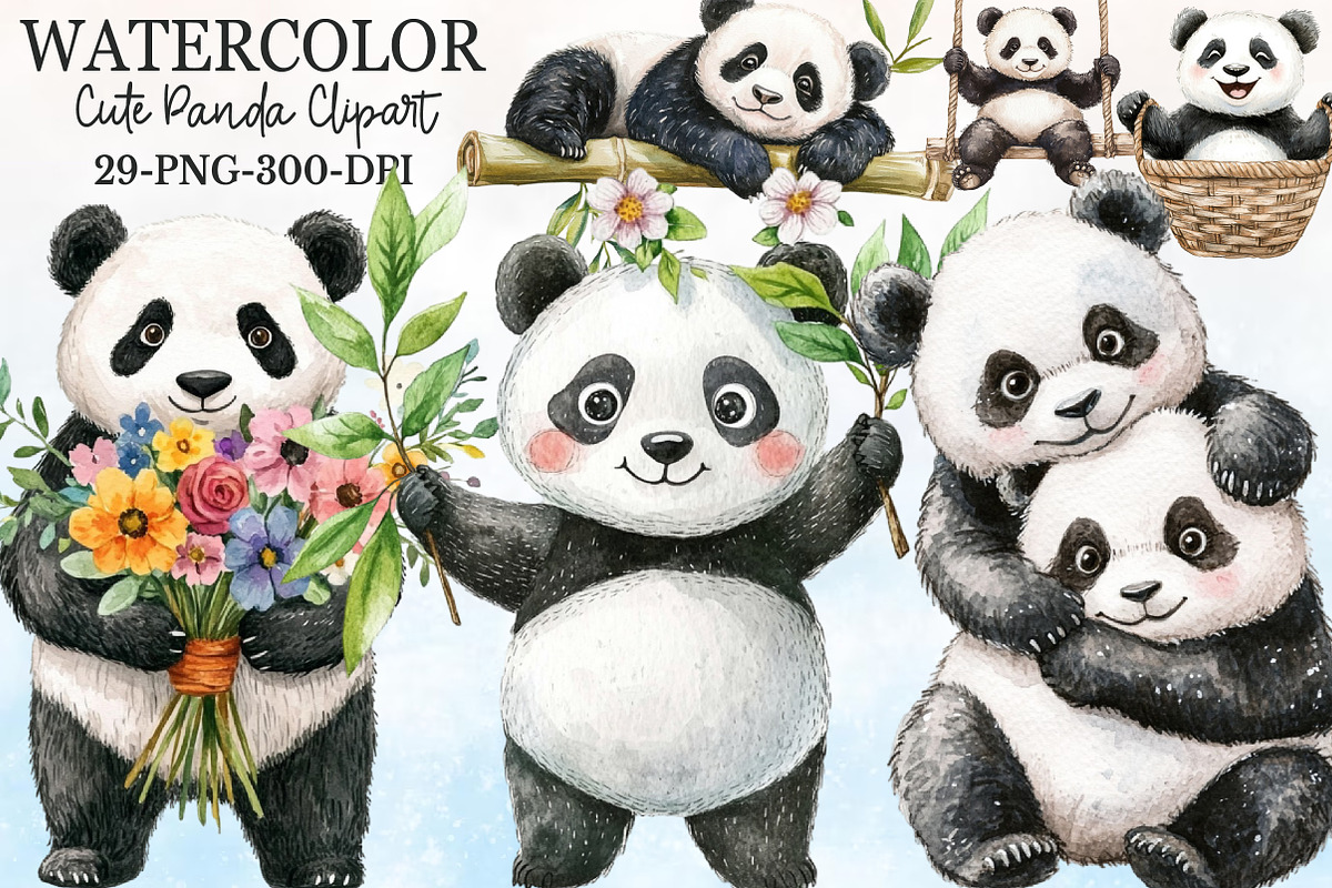 Watercolor Cute Panda Clipart, a Seasonal Illustration by Rose Art (Photo 1 of 4)