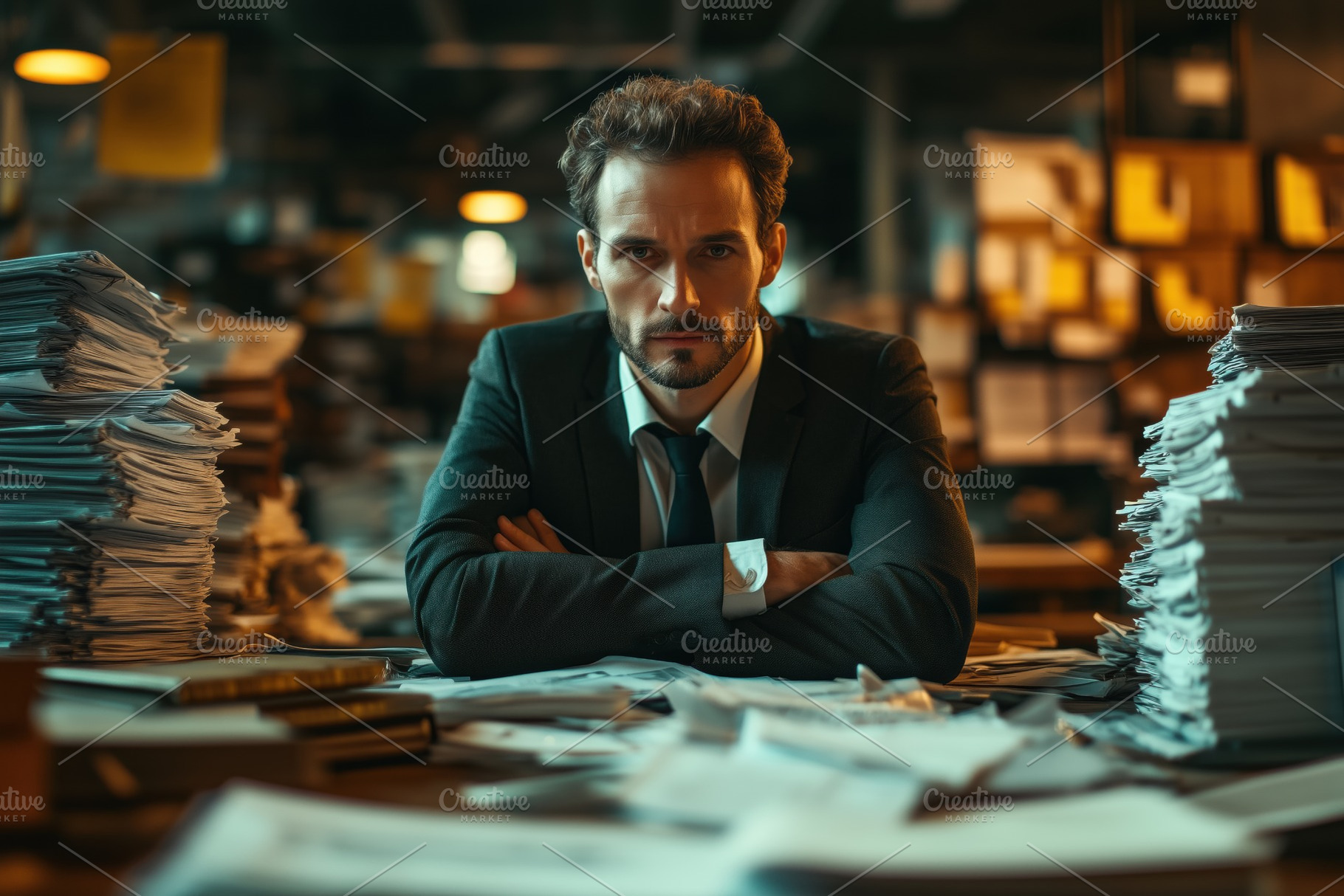 A serious accountant businessman in a suit sitting at a cluttered desk surround, a Person Photo by Textures & Backgrounds
