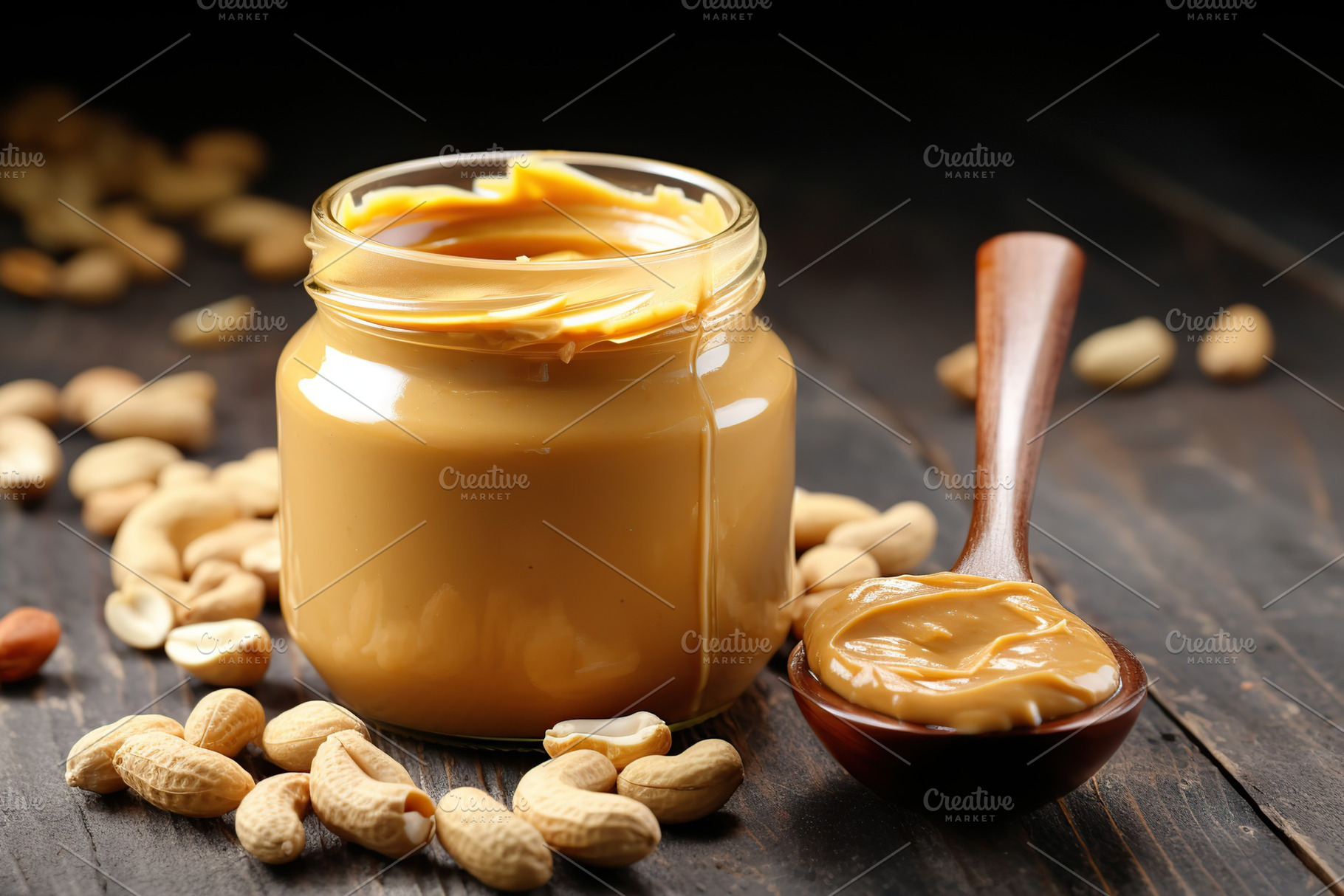 Glass jar with peanut butter on wooden background, a Food & Drink Photo by AlyaAnd