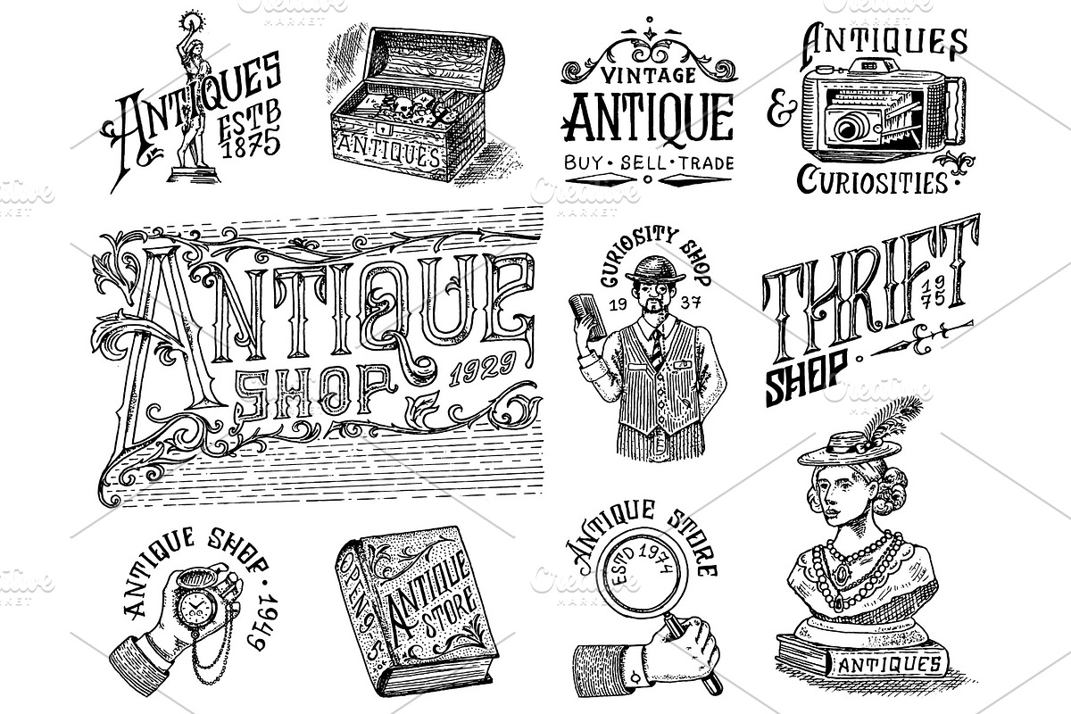 Antique shop labels or badges, a Decorative Illustration by Arthur Balitskiy