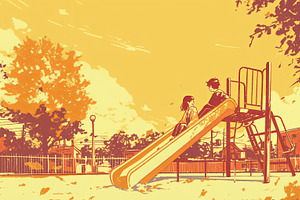 Two friends sharing a nostalgic moment at a sunlit playground, an Illustration by AS photostudio
