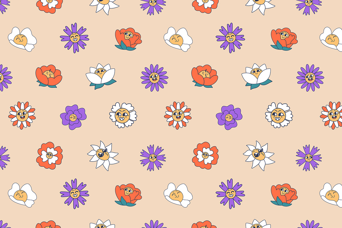 Cute groovy flowers set, backgrounds, a Decorative Illustration by PaperTrident (Photo 8 of 8)