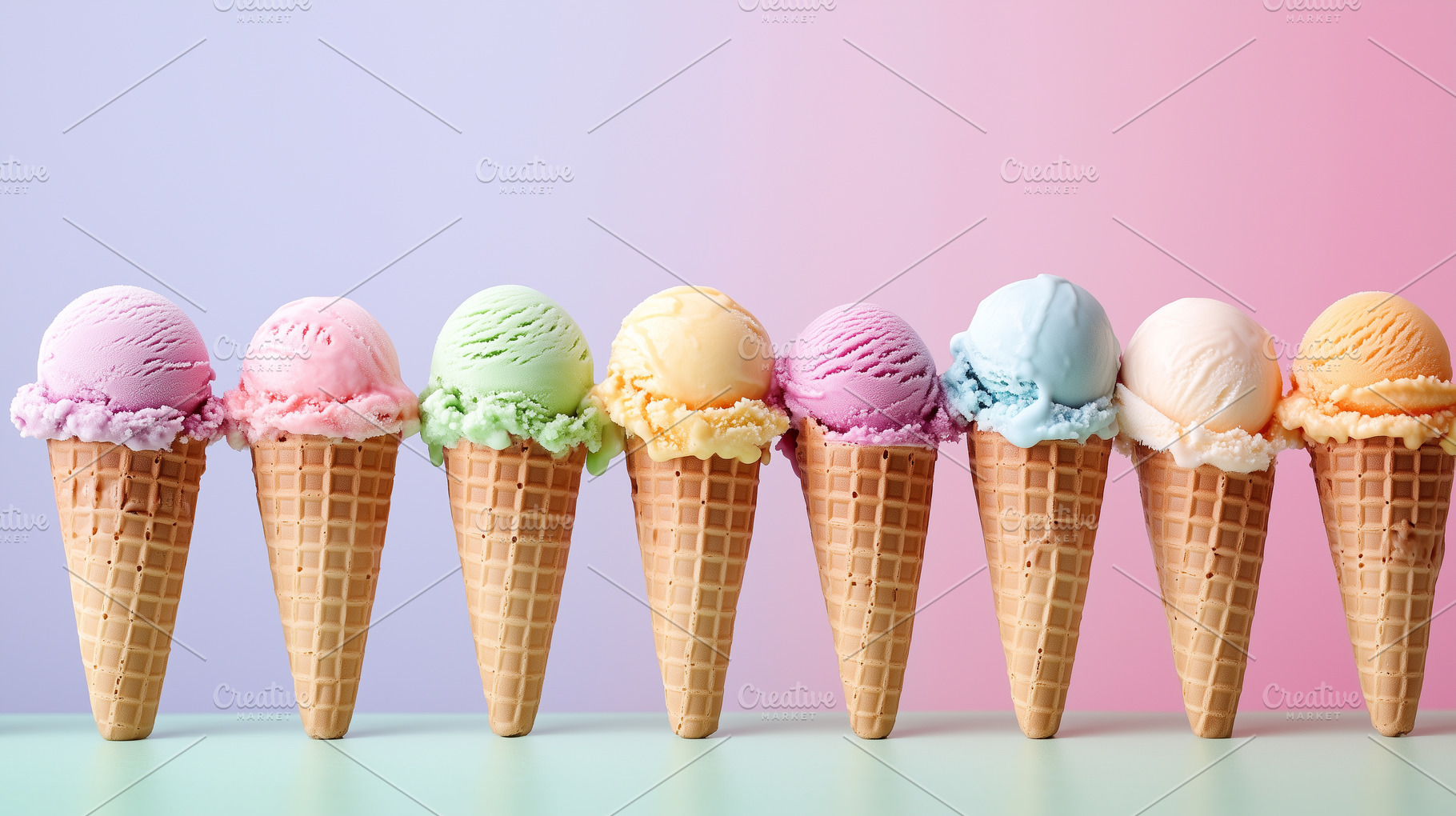 Row of colorful ice cream scoops, a Food & Drink Photo by MistyDay