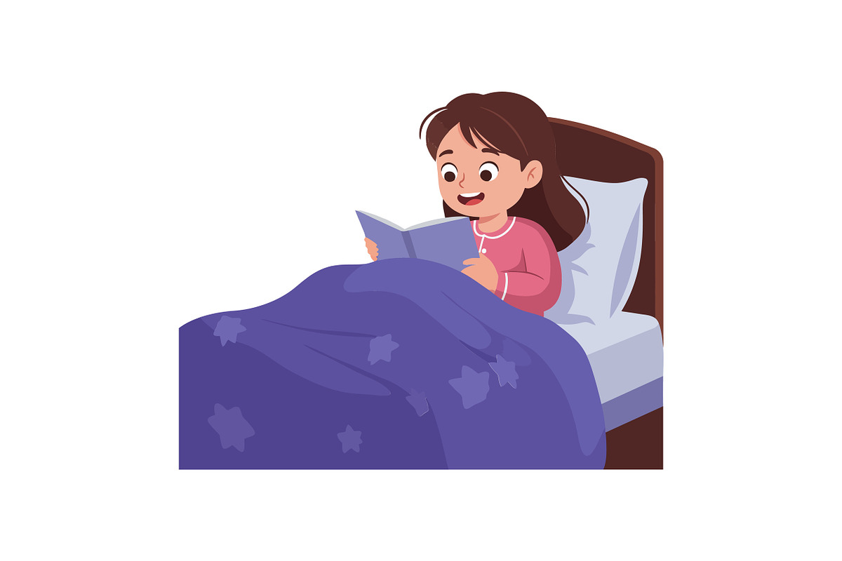 A young girl reading a book in bed w, an Illustration by designvectx