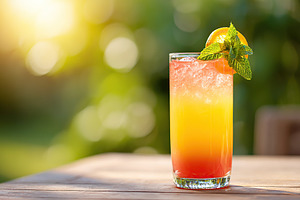 Bright summer cocktail served on a wooden table in a sunny garden setting, a Food & Drink Photo by AlyaAnd