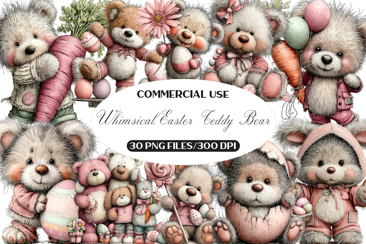 Whimsical Easter Teddy Bear Clipart, an Illustration by Black Bird Studio (Photo 1 of 6)