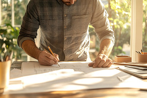 Male architect working with a blueprints in modern office, a Photo by AlyaAnd