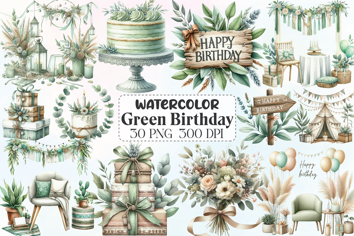 Boho Sage Green Birthday Clipart, an Illustration by CraftArtStudio (Photo 1 of 5)