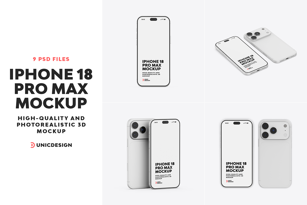 iPhone 18 Pro Max Mockup, an iPhone Mockup by UnicDesign (Photo 1 of 10)