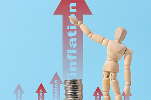 A wooden mannequin points to a rising red arrow with the word in, a Business Photo by ndanko