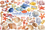 Seashells and fish, watercolor, an Animal Illustration by Hanna Hryharenka (Thumbnail 1 of 20)