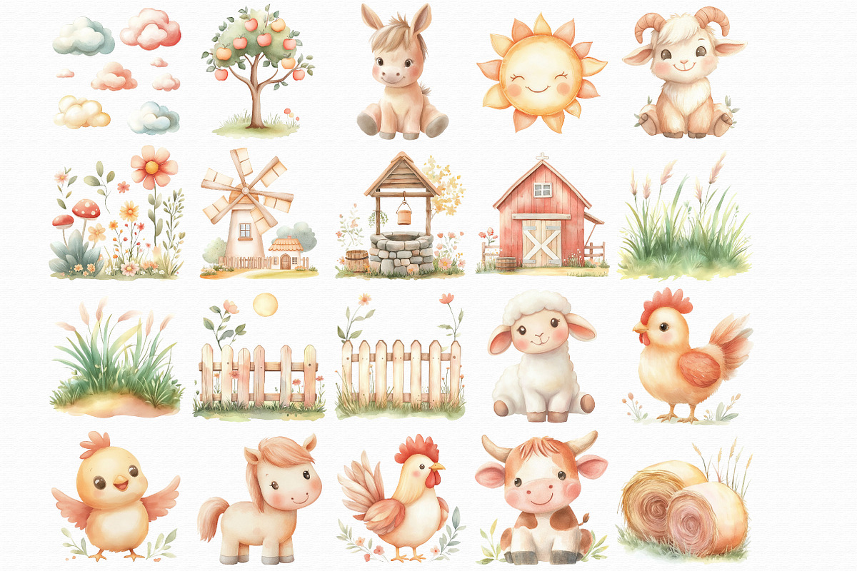 Watercolor Farm Animals Clipart Set, an Illustration by Libby Wishes (Photo 2 of 7)