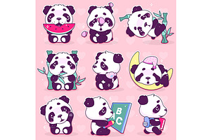 Cute Panda Cartoon Characters Set