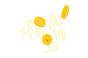 Cryptocurrency coins floating, a Technology Illustration by Things for designers