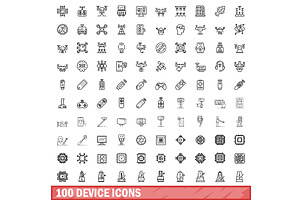 100 device icons set, outline style, an Object Illustration by Ylivdesign