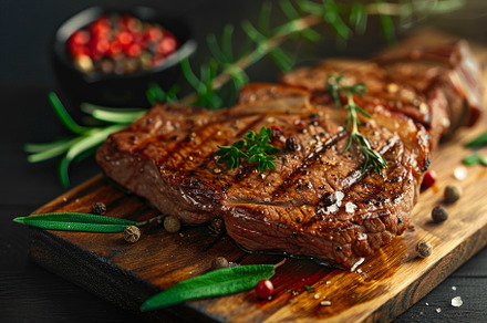 Juicy grilled steak is beautifully p, a Photo by Tanuart