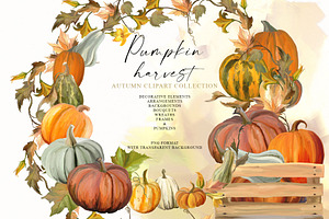 Pumpkin harvest - autumn clipart, an Illustration by Vasmila