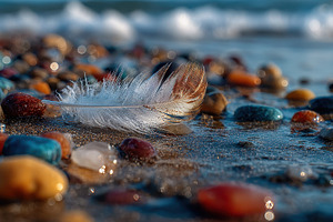 Delicate feather on colorful beach p, a Photo by Pixeness Studio