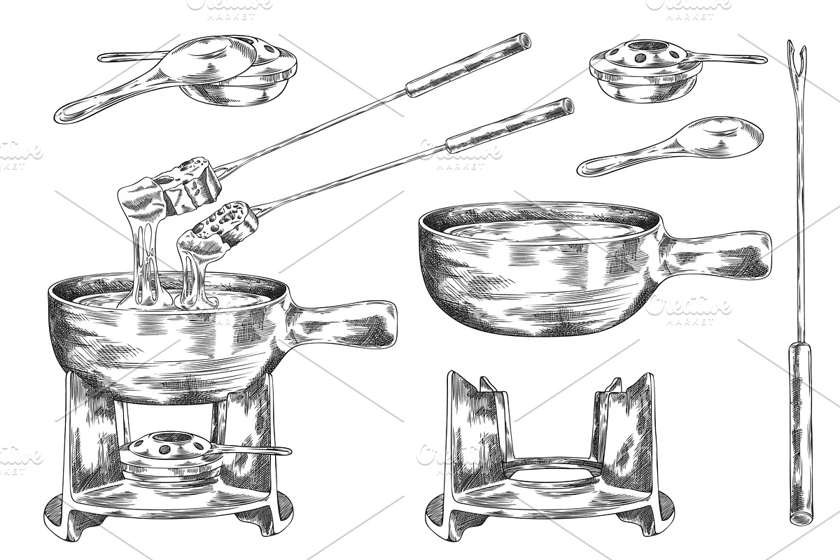 Cheese fondue engraved sketch vector, a Food Illustration by Sabelskaya