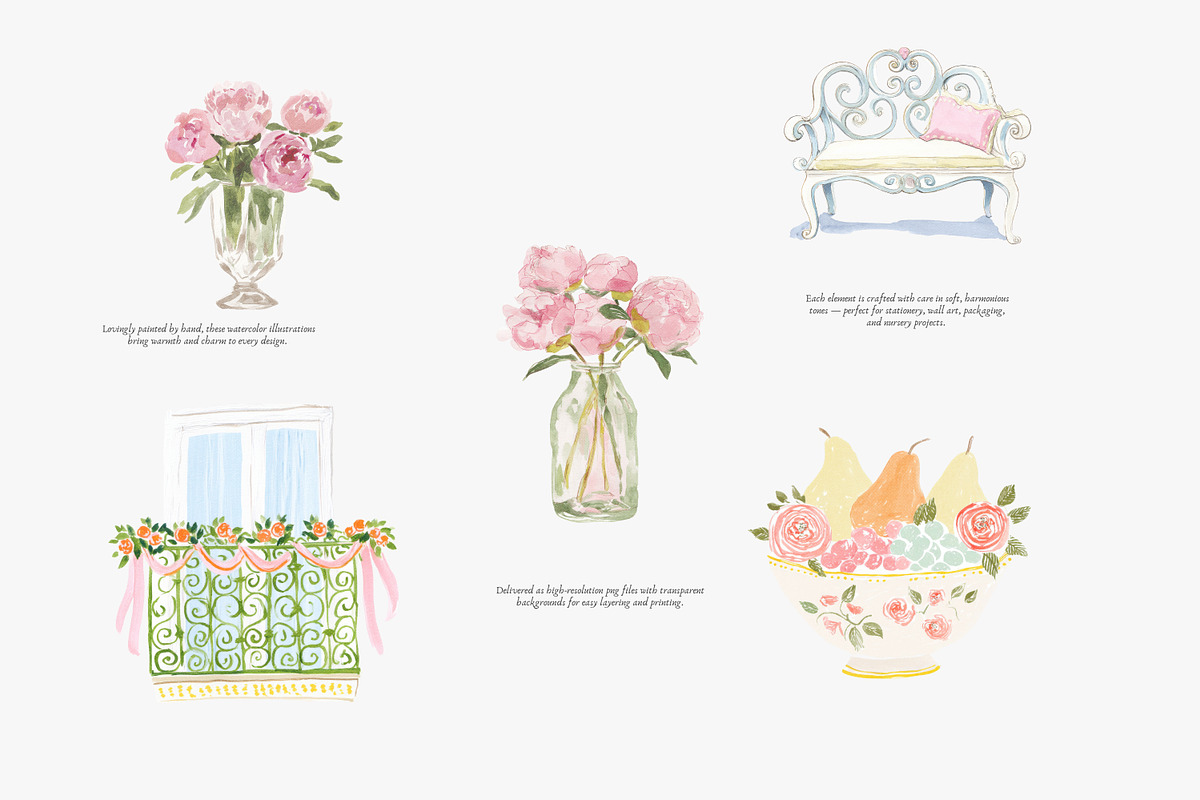 watercolor pastel rococo clipart set, a Decorative Illustration by Patishop Art (Photo 4 of 9)