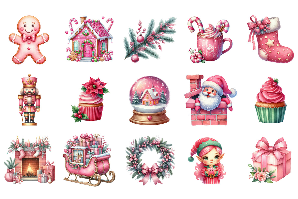 Pink Christmas Watercolor Clipart, an Illustration by Designking (Photo 2 of 5)